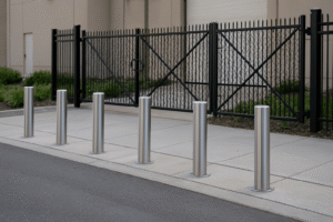 Row of silver bollards lining a sidewalk beside a road, in front of a black fence with diagonal crossbars.