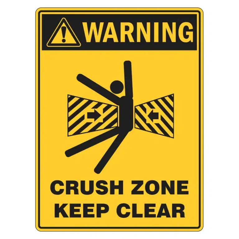 Crush zone warning sign with a figure between striped barriers and the text "CRUSH ZONE KEEP CLEAR".