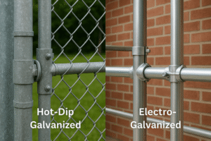 Side-by-side comparison of hot-dip galvanized chain-link fencing on the left and electro-galvanized metal piping on the right.