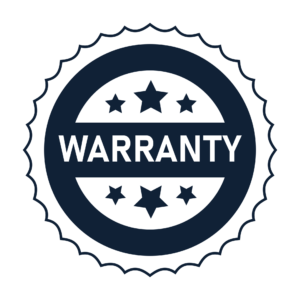 Blue circular warranty seal with stars and the word WARRANTY across the center.