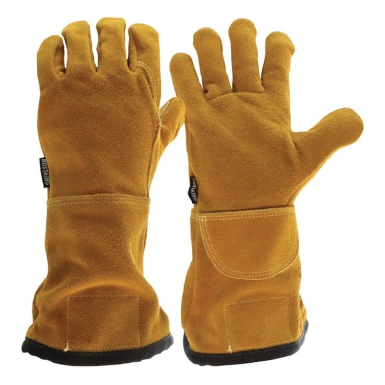 Two tan suede work gloves with black cuffs, shown from the back.