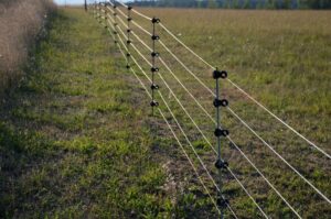 An electric fence with several parallel wire strands runs diagonally across a grassy field toward the horizon.