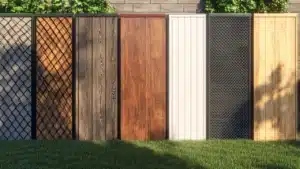 A row of assorted fence panels in different colors and textures on a grassy lawn.
