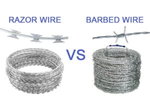 Coils of razor wire on the left and barbed wire on the right with a VS label between them.
