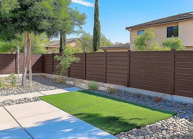 Backyard scene featuring a small rectangular lawn bordered by rocks, a brown wooden fence, and a house in the background.